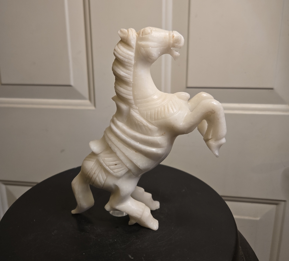 White Hand Carved Jade Stone Rearing Horse Asian Figurine Statue